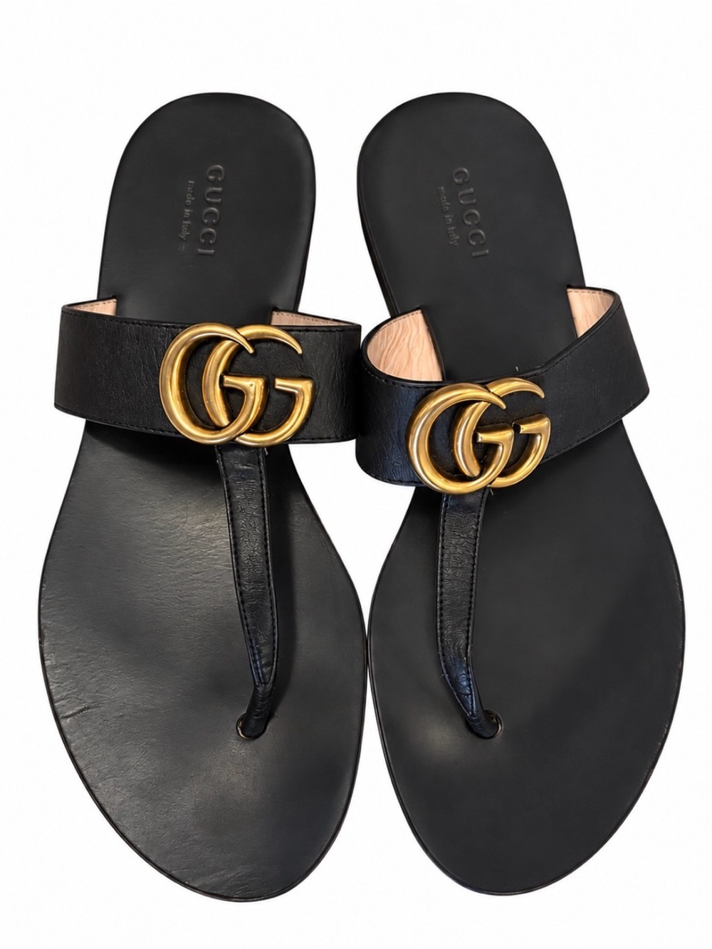 Gucci GG Double G Black Leather Thong Sandals Size 38
